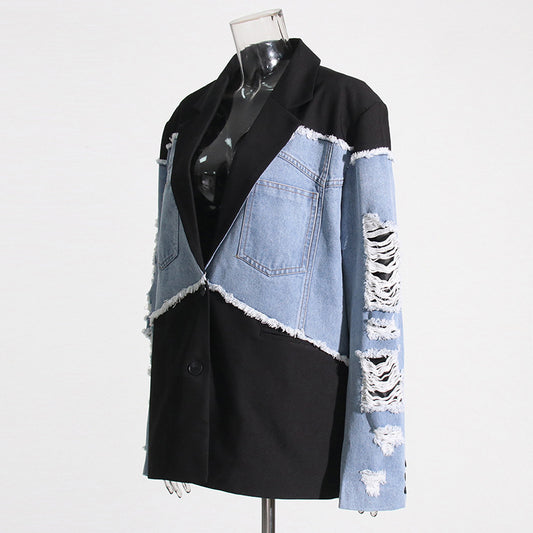 Women's Retro Trendy Denim Splicing Autumn Design Loose Blazers