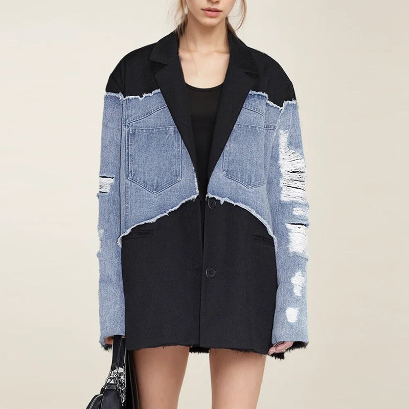 Women's Retro Trendy Denim Splicing Autumn Design Loose Blazers