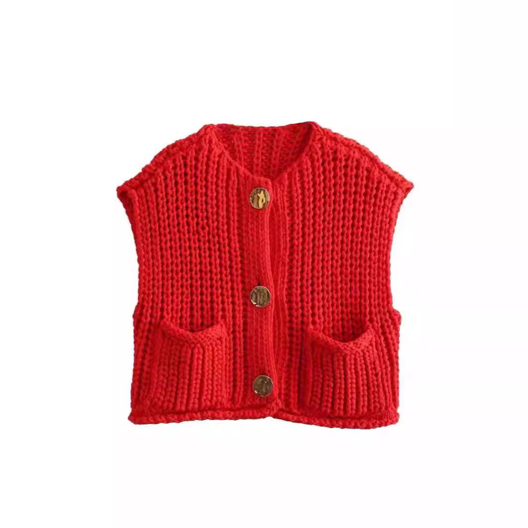 Women's Solid Color Large Pocket Sleeveless Knitted Knitwear