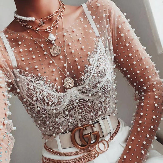 Rhinestone Pearl Stretch Crew Neck Mesh Tops