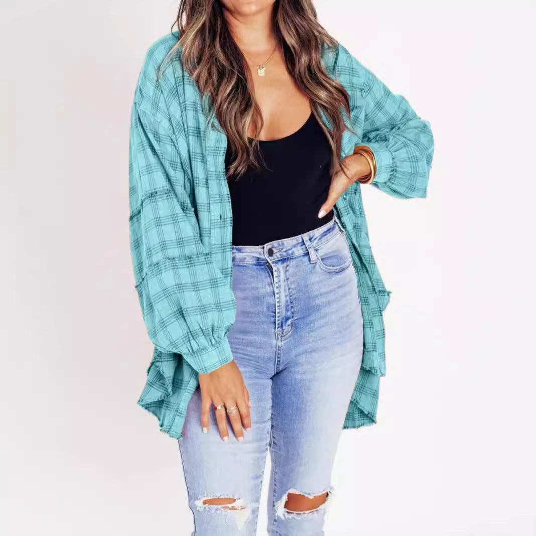 Women's Autumn Fashion Tassel Loose Casual Plaid Blouses