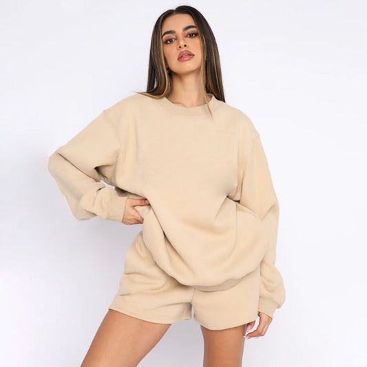 Ensemble pull-over à manches longues et col rond pour femme, couleur unie