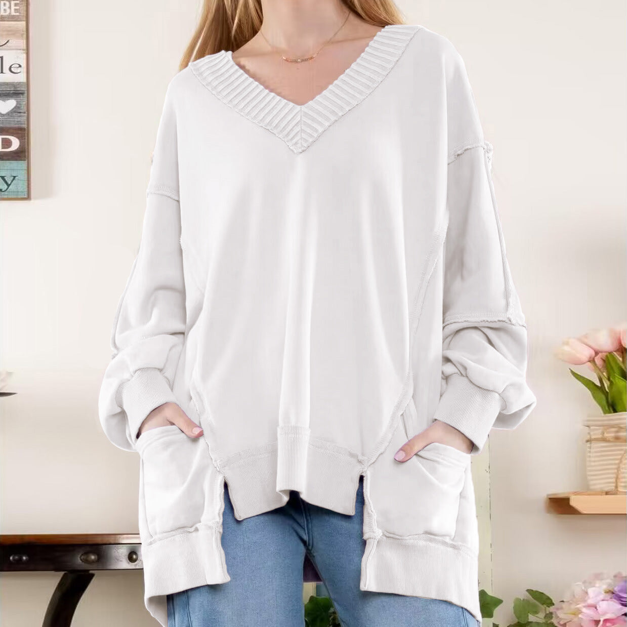 Women's Wear Lantern Sleeve Loose Irregular Hem Design Sweaters