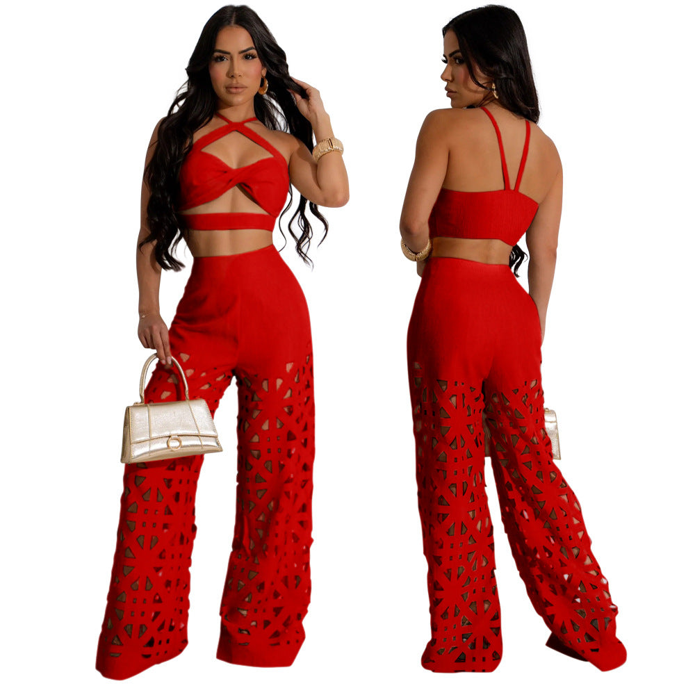 Ensemble deux pièces pour femme avec pantalon sexy à fleurs brûlées