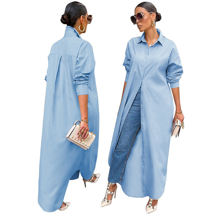 Women's Fashion Casual Solid Color Long Shirt Blouses