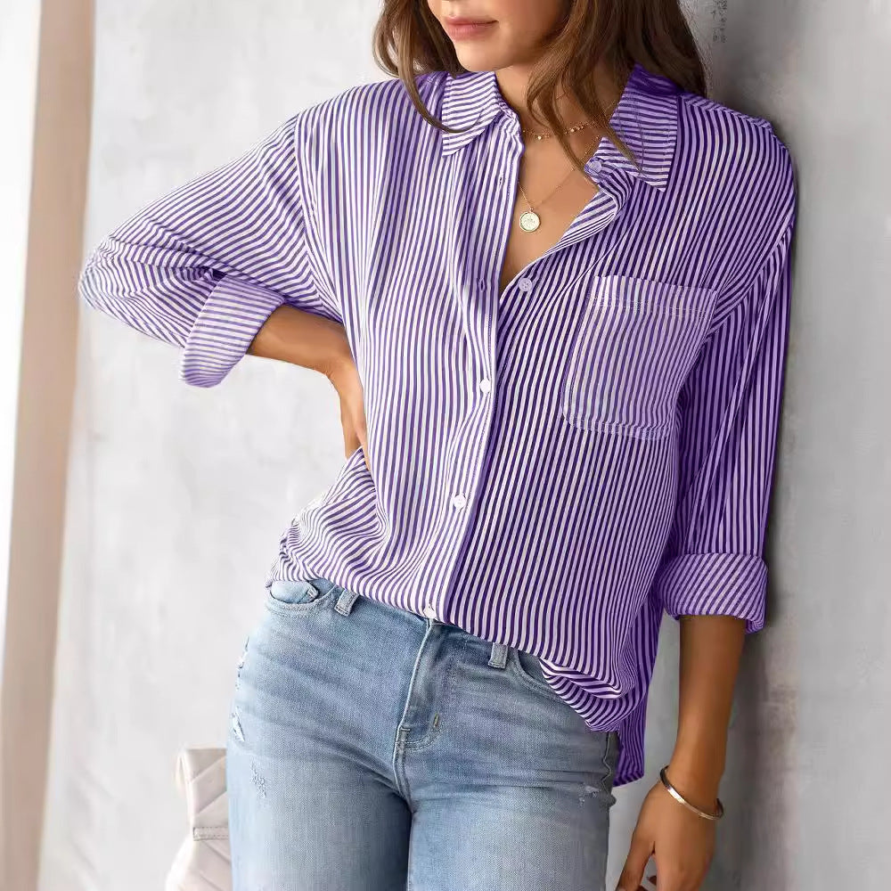 Women's Long-sleeved Shirt With Loose Leisure Stripes Blouses