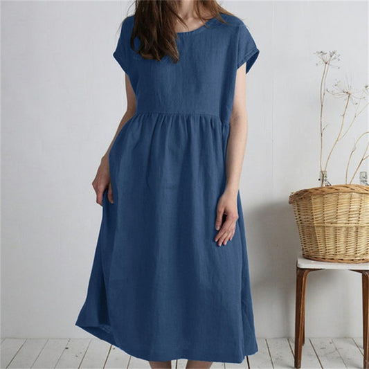 Robe mi-longue pour femme, col rond, manches unies