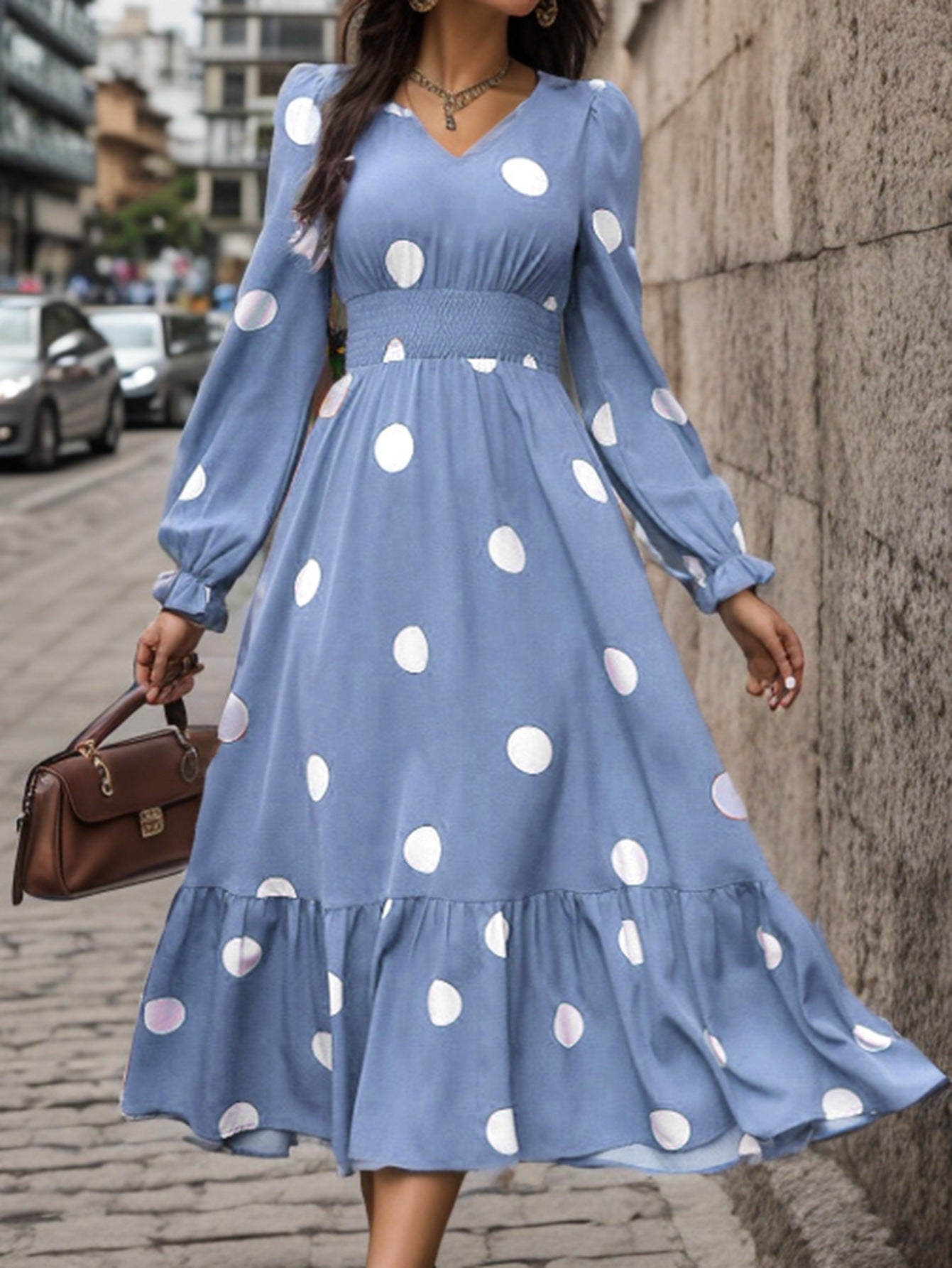 Women's Polka Dot Printed Long Sleeve Big Dresses