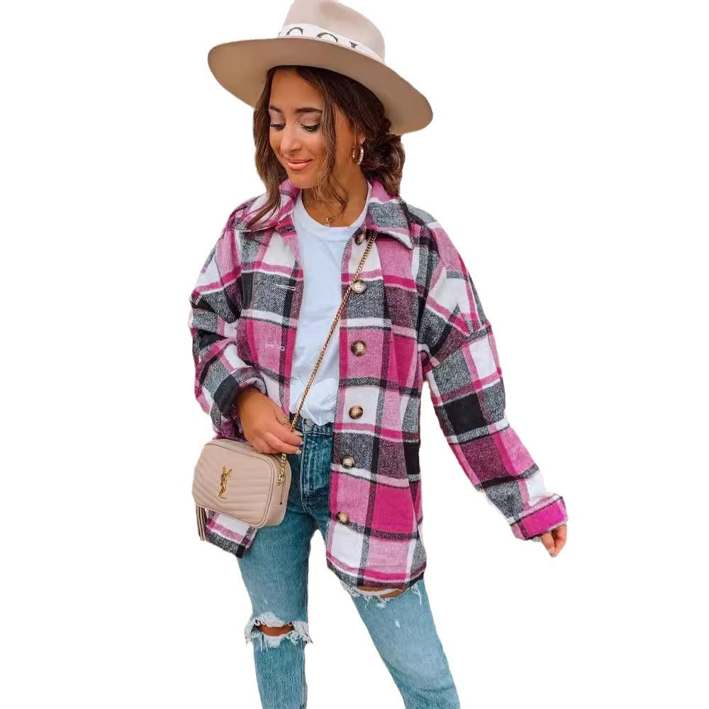 Women's Temperament Long Sleeve Lapel Loose Plaid Coats