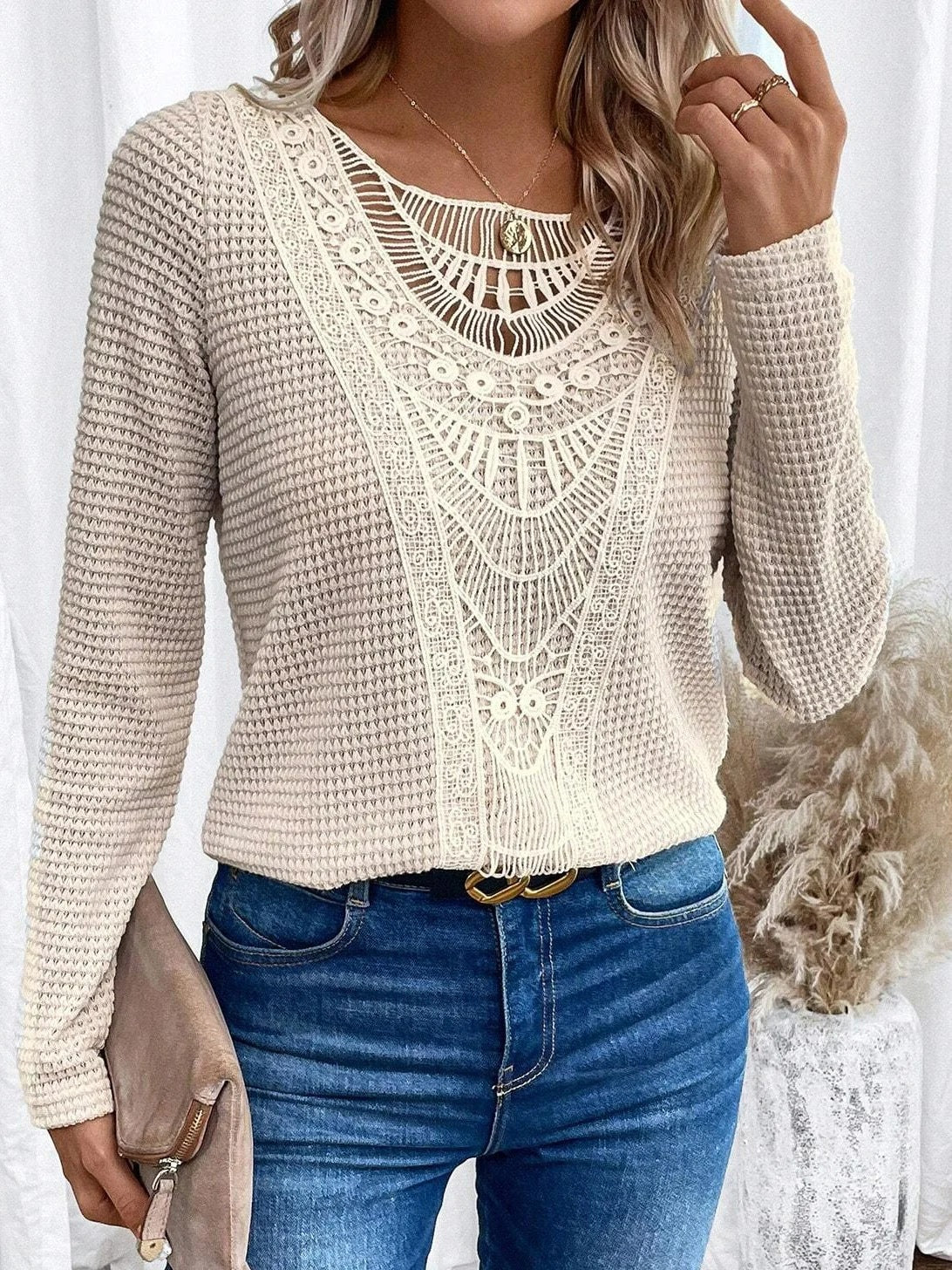 Women's Solid Color Lace Patchwork Round Neck Blouses