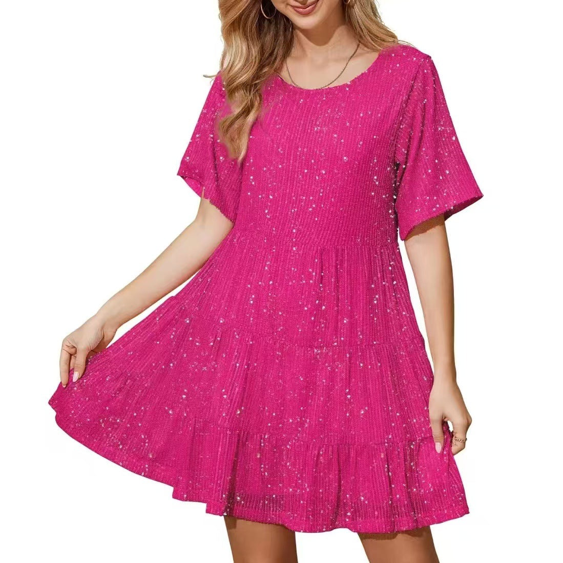 Sequins Round Neck Loose Waist Sleeves Dresses