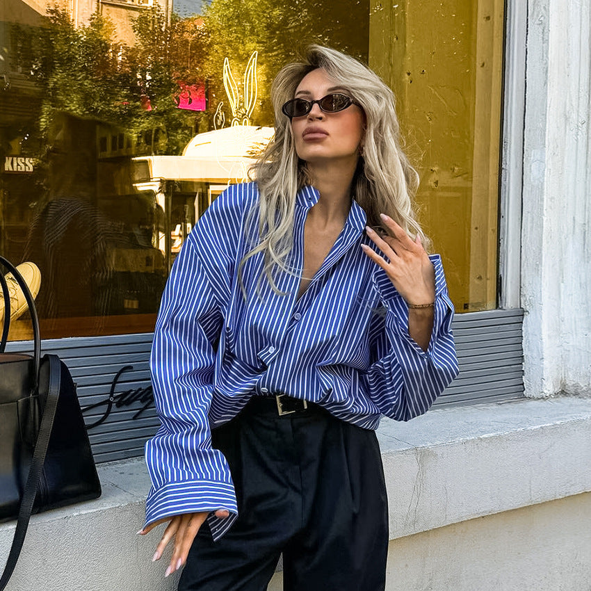 Style Blue White Striped Loose Shirt Blouses