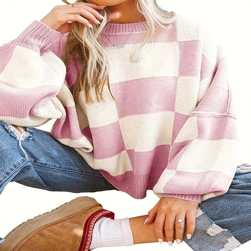 Women's Casual Plaid Long-sleeved Autumn Pullover Crew Knitwear