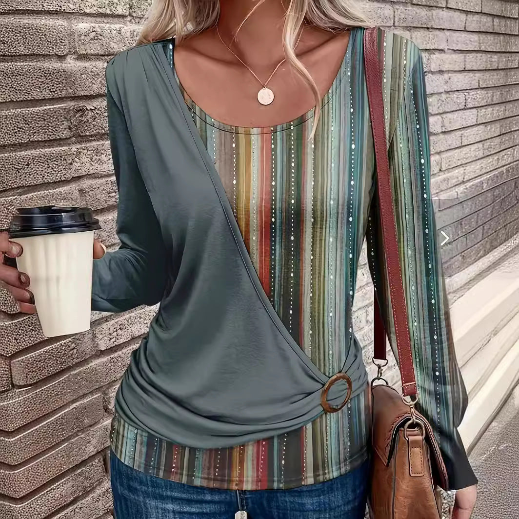 Women's Round Neck Solid Color Stitching Printing Blouses