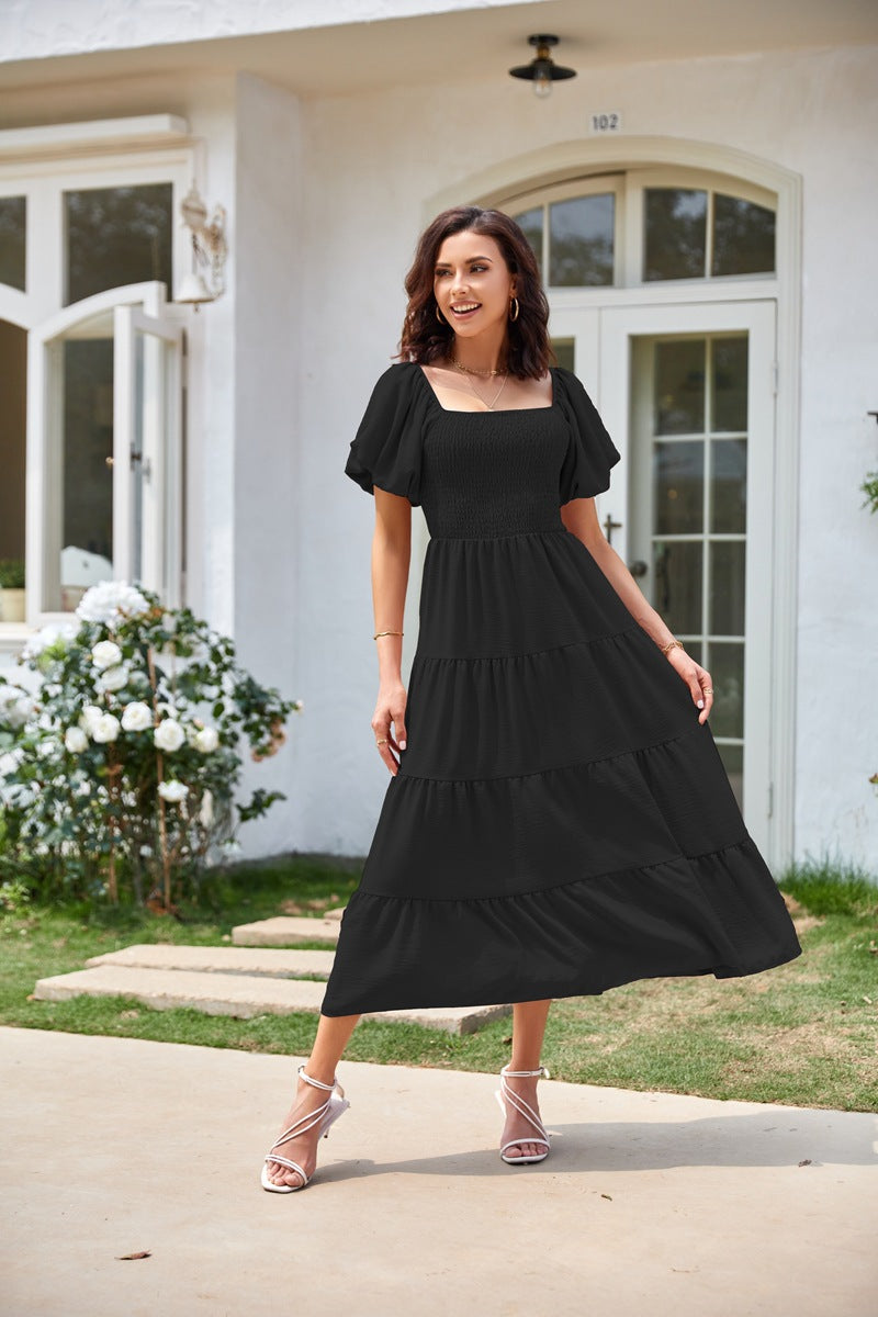 Women's Summer Square Collar Backless Puff Sleeve Dresses