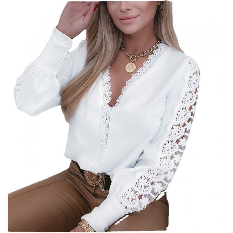 Women's Long Sleeve Lace Patchwork Shirt Blouses