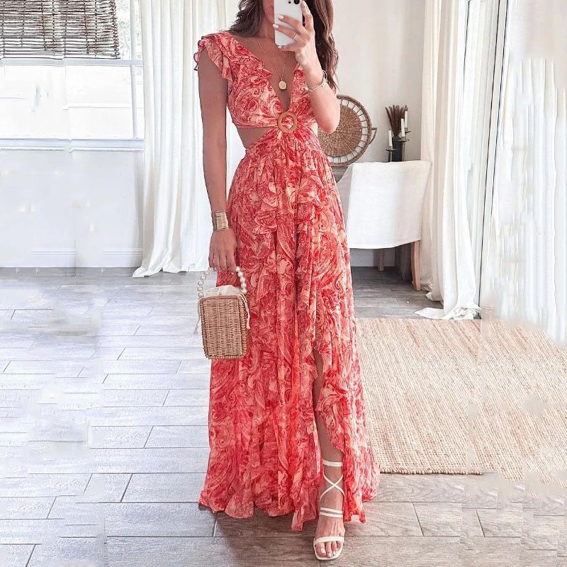 Women's Deep V Sexy Midriff Outfit Long Dresses