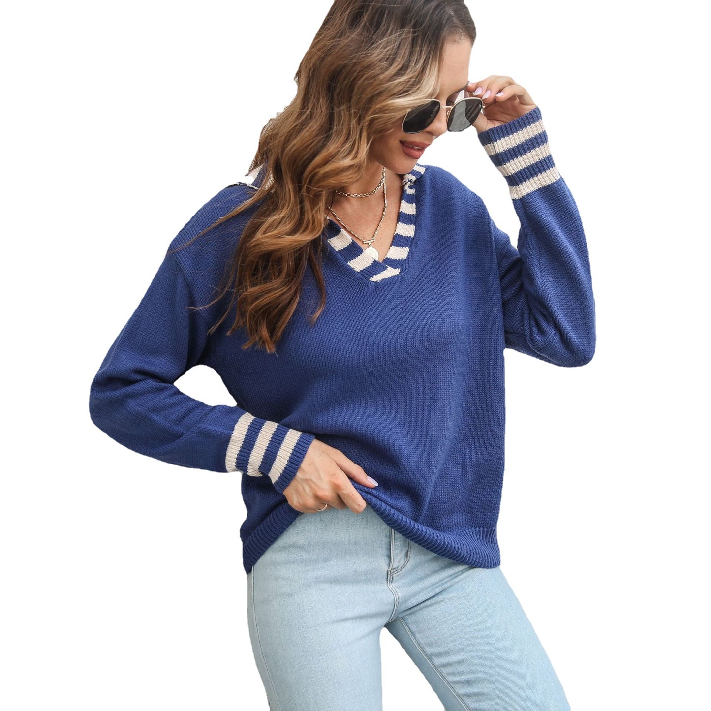 Women's Pretty Striped Lapel Loose Long-sleeved Sweaters