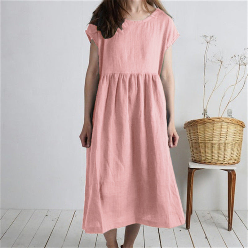 Robe mi-longue pour femme, col rond, manches unies