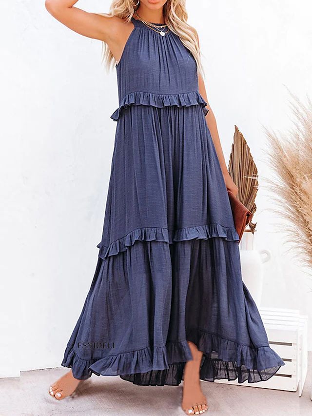 Women's Summer Vacation Style Ruffled Long Dress Wide Hem Dresses