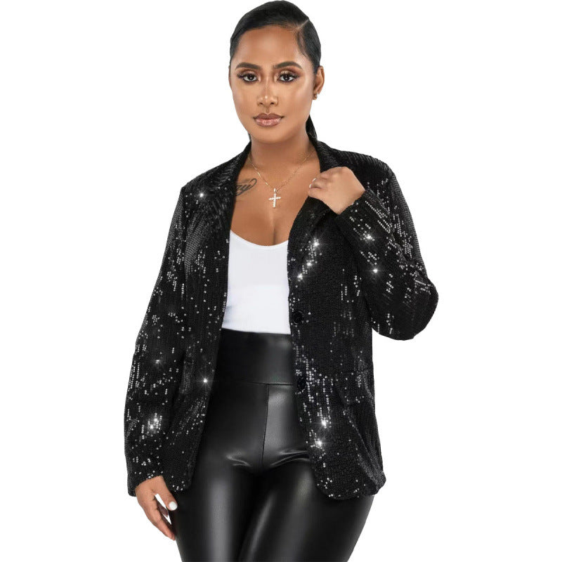 Women's Casual Long Sleeve Sequined Button Pocket Blazers