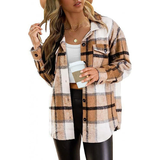 Women's Large Pocket Shirt Casual Plaid Loose Blouses