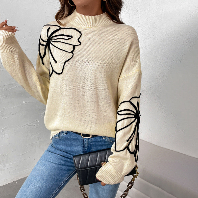 Women's Autumn Half Turtleneck Flower Pattern For Sweaters