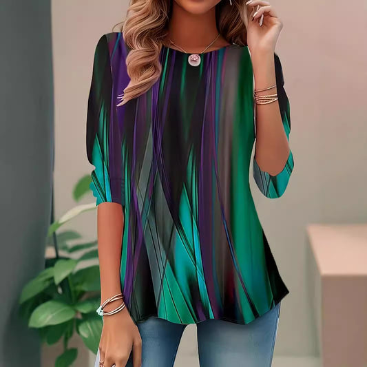 Women's Digital Printed Round Neck Loose Long Blouses