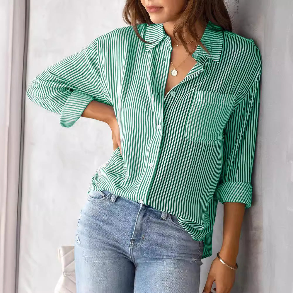 Women's Long-sleeved Shirt With Loose Leisure Stripes Blouses